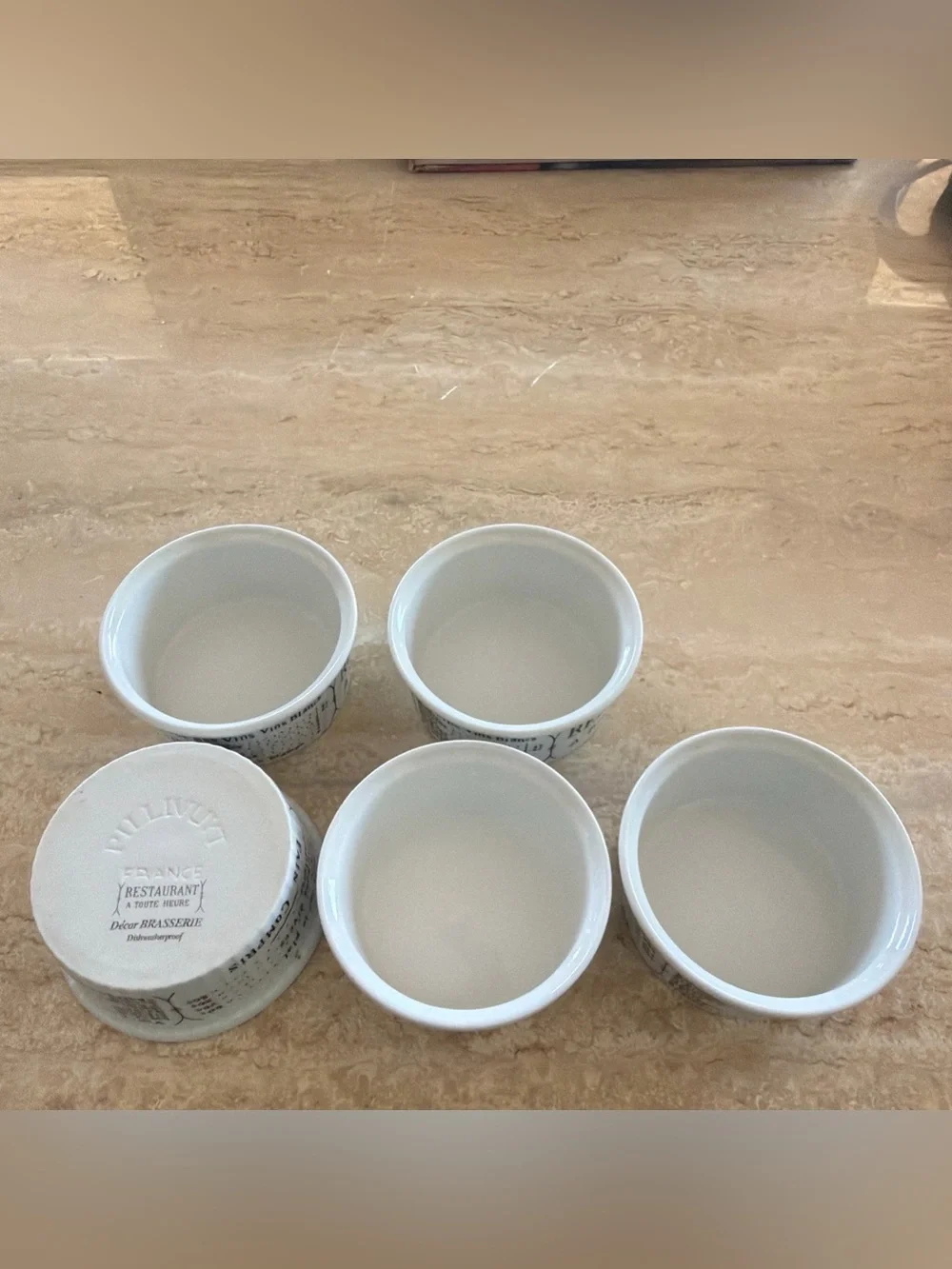 Pillivuyt France Brasserie Ceramic Ramekin Set of 5 Vintage Restaurant Motif